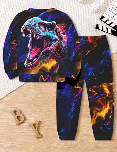 Image of Boys Clothes, T-Rex Print Dinosaur Boy Clothes Fall Winter Outfits Long-sleeved Hooded Sweatshirt Pants 2Pcs Set