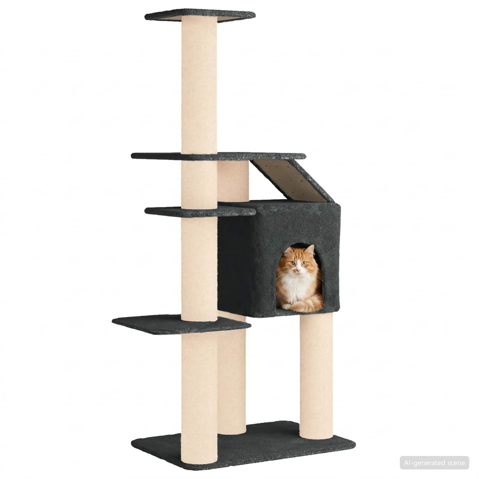 Katzennbaum mit Sisal Kratzsäulen, Dunkelgrau, 183 cm, mehrstöckiger Kletterbaum mit Höhle, Hängematte, Plüsch, Kratzstamm, Plattform, Indoor Kratzmöbel für Wohnzimmer und Katzenpflege