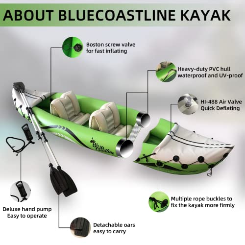 Bluecoastline Inflatable Kayak 2 Person, Fishing Kayaks For Adults, Portable Tandem Kayak 353Lbs Capacity, Includes Paddle, Pump For Inflatable Boats… #TOP2