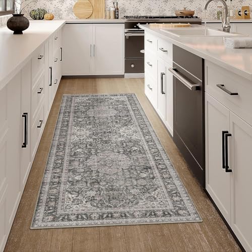 2x5 Washable Black Grey Vintage Runner Rug for Kitchen Hallway Non-Slip Low Pile Carpet Traditional Retro Distressed Accent Vacuumable Throw Rug for Entryway Bedroom Indoor