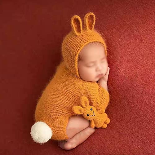 Yuehuamech Accesorios de fotografía recién Nacido, Pelele de Punto, Sombrero de Conejo, Conjunto de Trajes de Foto de muñeca, Ropa de fotografía de Conejito Bonito para niños y niñas(Amarillo) Cover