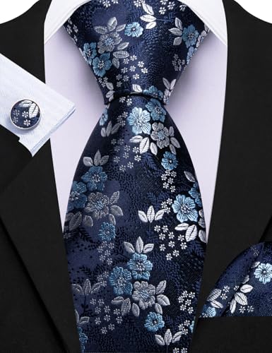 Image of Barry.Wang Flower Ties for Men Handkerchief Cufflinks Set Wedding Necktie Set Party