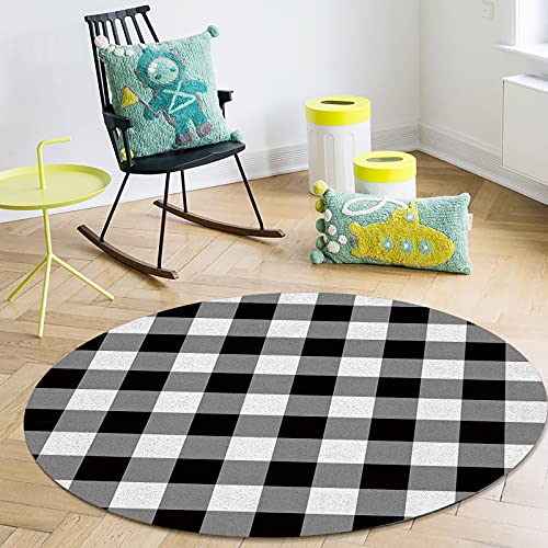 Lifemusion Black And White Checkered Round Area Rugs, Farmhouse Buffalo Plaid Non-Skid Children Playing Mat, 3Ft Soft Circle Farmhouse Rugs For Living Room, Bedroom, Dining Room #TOP3