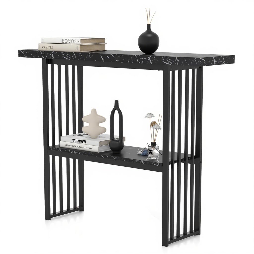 LIFEZEAL Table Console, Table d’Entrée à 2 Niveaux, Bout de Canapé en Faux Marbre, Cadre Métallique, pour Salon, Entrée, Couloir, Doré, 120 x 30 x 93 cm (Noir)