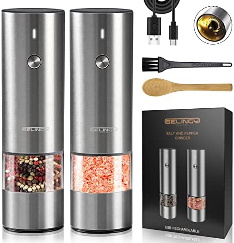 Rechargeable Electric Salt and Pepper Grinder Set - Stainless Steel, with USB Type-C Cable, LED Lights, Automatic Modern Electric Pepper Mill, 2 Adjustable Coarseness Mills, One Hand Operation