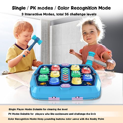 Whack Mole Game Toys for 2 3 4 Year Old Boys, Pounding Toys for Age 2-4, 3 Modes & Light Interactive Toddlers Toys with 2 Hammer, Baby Toy Gifts for Early Learning, Birthday Gift for Toddler Boy Girl - Thumbnail 3