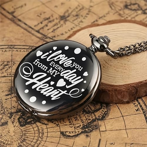Image of Vintage Gandhi Style Pocket Watch with Engraved Designs & Messages Royal Black Analog for Men Women & Kids Includes Key Ring for car or Bike Keys Ideal Gift