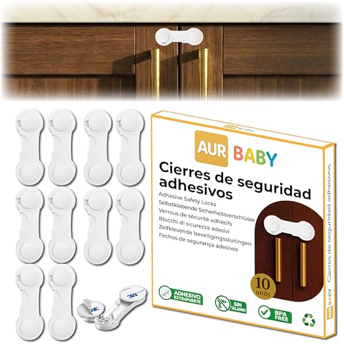 AURBABY Pack 10 | Cierre Seguridad Cajones Bebe y Seguro Puertas Bebe | Seguridad Puertas Niños sin Taladro con Adhesivo 3M