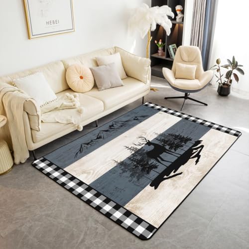 Loussiesd Alfombra rústica de 150 x 200 cm, poliéster, para cabaña, cabaña, ciervos, sala de estar, para dormitorio, decoración rústica de bosque, alfombra negra y blanca, alfombra de piso para