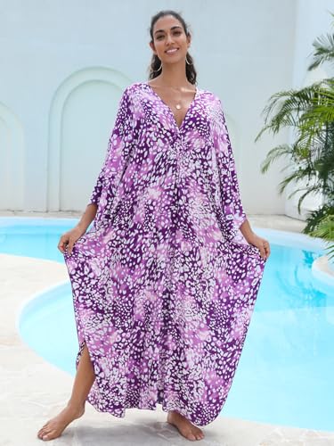 Image of IMAGEKOPE Women's Plus Size Animal Print V-Neck Batwing Kaftan Beach Dress Bathing Suit Cover-Up Loungewear