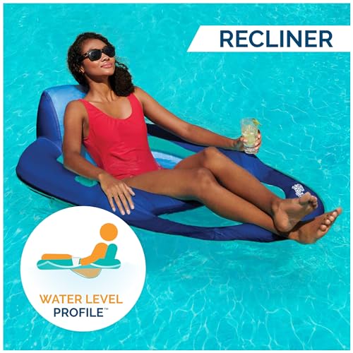 Image of SwimWays Spring Float Recliner Chair for Swimming Pool, Inflatable Pool Floats Adult with Fast Inflation, Cup Holder & Foot Rest for Ages 15 & Up, Blue