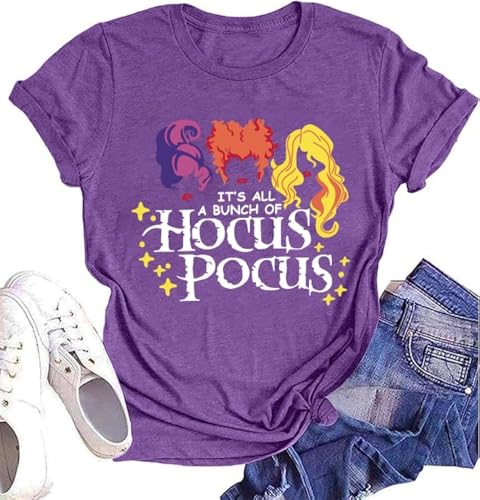 Halloween Shirts Women It's Just A Bunch of Hocus Pocus T-Shirts Sanderson Sisters Tees Tops C-Purple