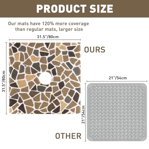 Image of Square Shower Mat Non Slip: 32 x 32 Inch Extra Large Shower Mats with Drain Hole in Middle - PVC Loofah Anti Slip Shower Floor Matt for Inside Shower