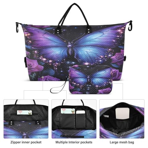 Butterfly Rose Flower Floral Travel Duffle Bag Gym Bag Weekender Bags with Toiletry Bag Travel Trip Tote Bag2