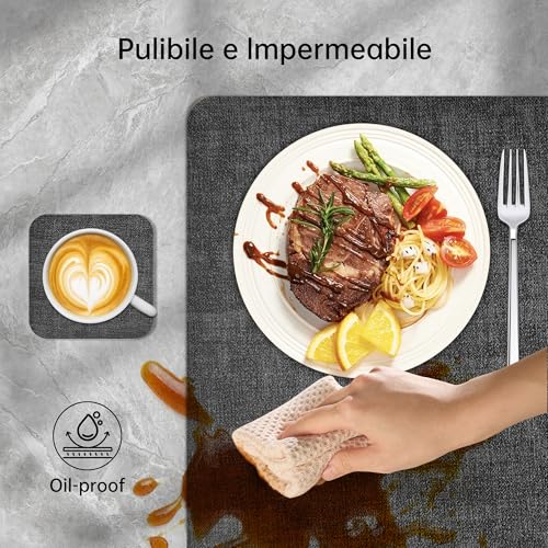 KitchenBoss Tovagliette Americane Lavabili e Sottobicchieri: Set di 6 Tovagliette Colazione Bifacciale Antiscivolo Resistenti, Tovaglietta Grigio Albicocca con Rettangolare 43x30cm - Immagine 3