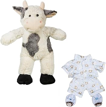Bessie Mae MOO-cho the Cow Plush Toy with Blue Monkey Jammies and Slippers Fits 14-18 Inch Stuffed Animals Soft Cuddly Cow Stuffed Animal Gift for Kids and Toddlers