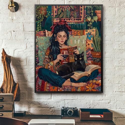 ijbnhd Diamond Art Kits for Adults, Reading Book Diamond Painting Kits for Adults, 5D DIY Round Drill Black Cat Gem Art Paint with Diamonds Dots Crafts Kits for Home Decor Gift 12x16 inch — view 3