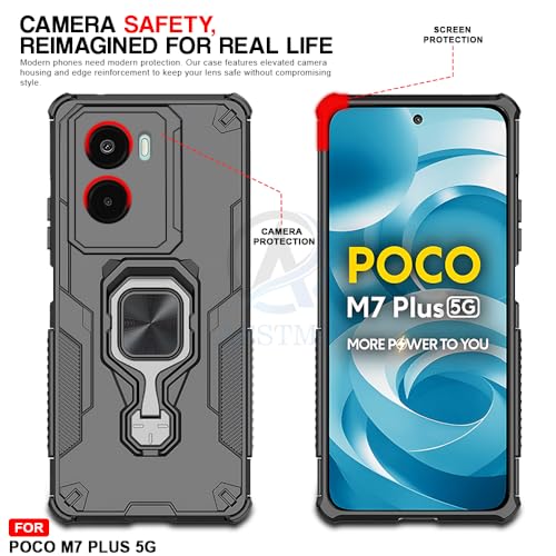 Image of AESTMO Armor Back Cover for Poco M7 Plus 5G | Ring Holder & Kickstand & Camera Protection in-Built | 360 Degree Protection Back Case Cover (Black)