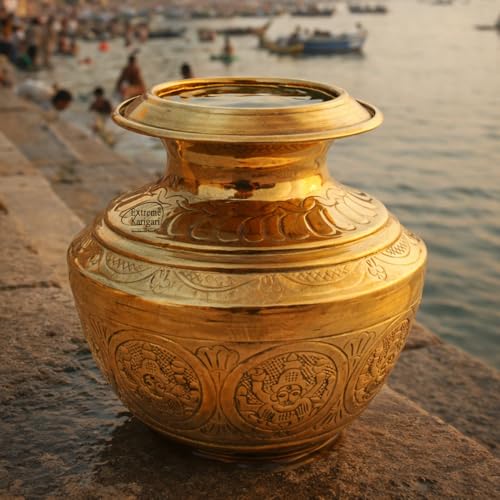Image of Pure Brass Puja Kalash for Pooja | Traditional Embossed Design | Shiny Brass Inside & Outside | Ideal for Temple, Griha Pravesh & Festivals
