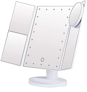 Makeup Mirror Vanity Mirror with Light 1x/2x/3x/10x Tri-Fold Makeup Mirror Backlit Makeup Vanity Mirror 21 LED Lights 180 Degree Rotation Touch Best Adjustable Countertop Mirror