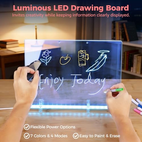 Luminous LED Drawing Board, 13.8 x 9.8 in DIY Light Up Message Board with Markers, Stands, Hanging Chains, Remote, Adhesive Hooks, Erasable Creative Doodle Sign, USB Cable, US Adapter - Image 3