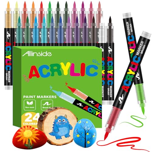 Image of Allinside Acrylic Paint Markers, 24 Colors Soft Brush Tip Paint Pens, Waterproof Quick Dry Acrylic Markers for Rock Painting Wood Canvas Glass Fabric Stone Egg DIY Art Crafts Supplies