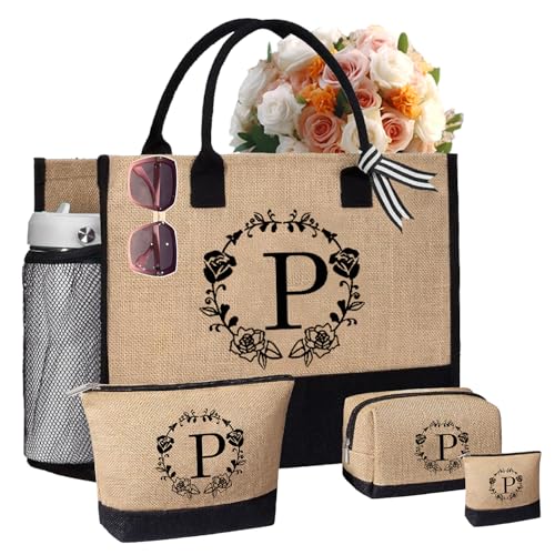 Bolsa inicial e 3 bolsas de maquiagem monograma bolsa de praia com zíper, presentes personalizados para mulheres, sacola de lona, P 4 peças, Large