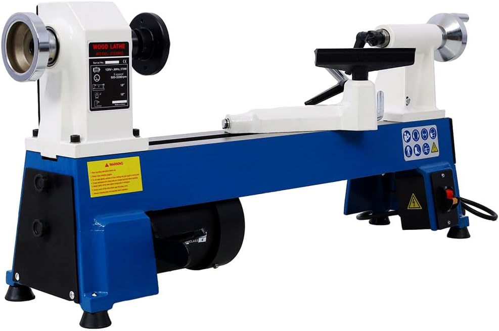 Benchtop Wood Lathe, 10" x 18" Mini Benchtop Wood Lathe Machine with 5 Speed Settings and Rod Injection Wrenches Faceplate Foot Pads, for Woodworking 1/2HP Multifunctional Power Wood Lathe,10"