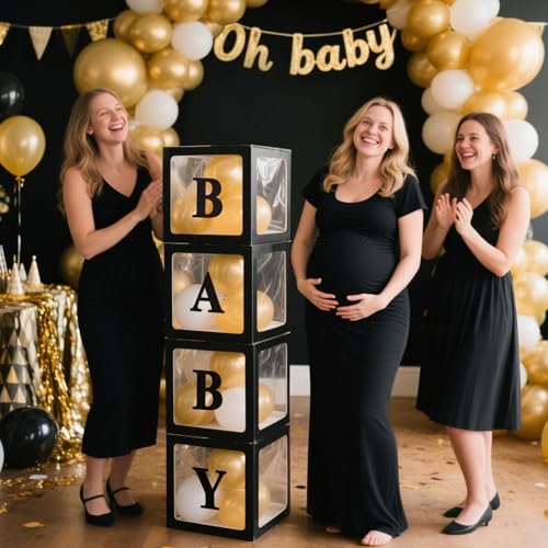 Image of Ledido Baby Boxes with Letters for Baby Shower Decorations with 38 Balloons, 4 pcs Clear Baby Balloon Boxes Blocks for Baby Shower Decor Boy Girl Gender Reveal Decorations Backdrop Party (Black)