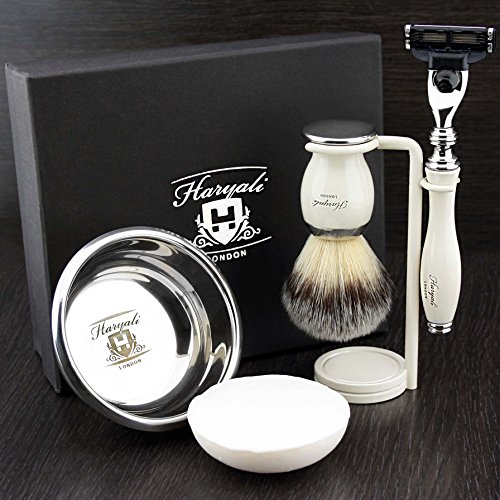 Haryali London 5 Pc Mens Shaving Kit 3 Edge Razor with Synthetic Badger Hair Shaving Brush, Stand, Soap and Bowl Perfect Set for Men