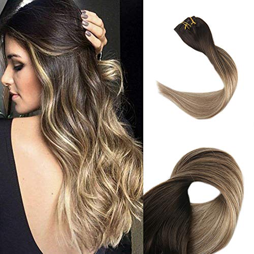Full Shine 18" Ombre Balayage Hair Extensions Clip in Real Hair Extensions Pastel Color #2 Fading to #8 and #22 Highlighted Extensions 100g 10 Pcs Set
