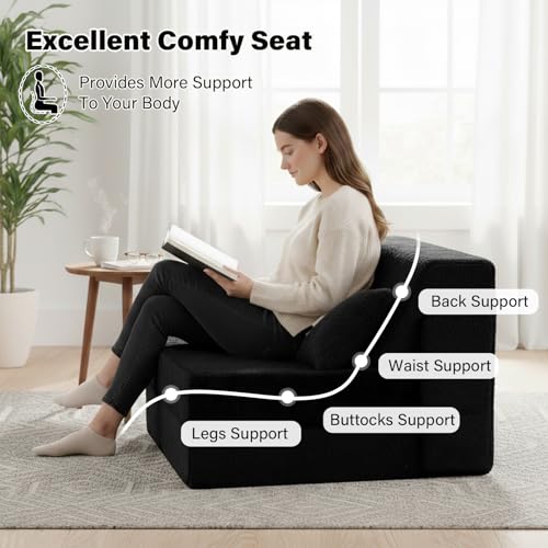 Image of Tiita Convertible Folding Sofa Bed Single Size for Adults with Pillow, Plush Fabric Floor Mattress Couch Bed, Washable Cover & Side Pocket, Guest Room, Dorm, Apartment, Living Room, Black