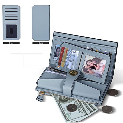 Travelambo Wallets Women RFID Large Capacity Luxury Waxed Leather Clutch Wallet Multi Card Organizer (Light Purple + Blue)4