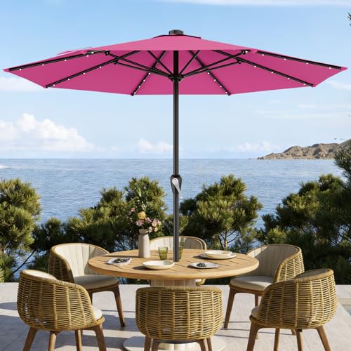 Image of AreShark 12FT Large Patio Umbrella with Solar Lights, Solar Powered Outdoor Umbrella with Crank, Patio Table Market Umbrellas for Garden, Deck, Backyard, Pool and Beach, Rose Pink