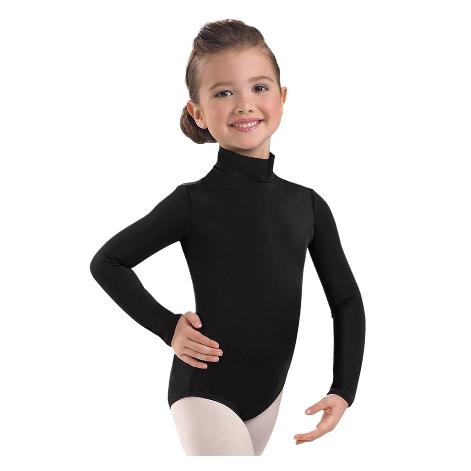 Schwarzer Trikotanzug für Mädchen Schwarze Langarm-Balletttrikots for Mädchen, Gymnastik, Spandex, Rollkragen, Tanztrikot, Bodysuits, Team Basics