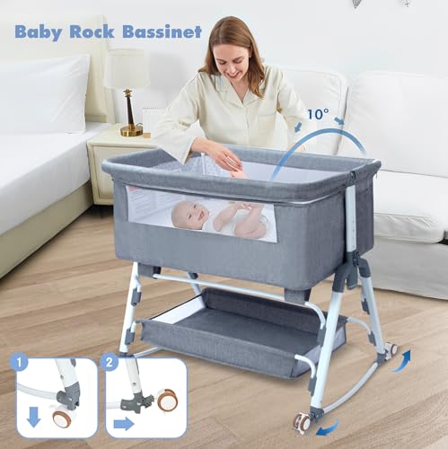 PEARLOVE 3 in 1 Bassinet for Baby, Baby Bassinet Bedside Sleeper with Mosquito Nets, Baby Bassinet with Wheels, Heigt Adjustable, Easy to Fold Portable Bedside Crib for Infant Baby