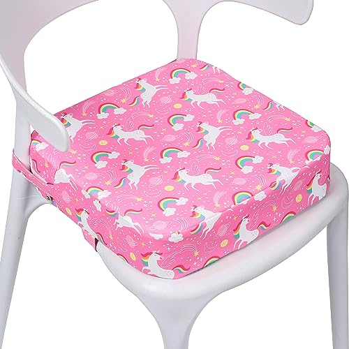 Image of E1F1NN DOT Toddler Booster Seat for Dining Table, Portable Kids Booster Seat with Safety Buckles, High Cushion for Travel with Non-Slip Bottom (Pink Unicorn)