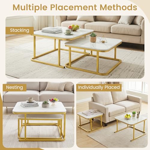 Image of GIANTEX Nesting Coffee Table Set of 2, Faux Marble Center Table with Metal Frame, Modern Square Accent Cocktail Table, Small Coffee Table for Living Room, Small Spaces (White & Gold)