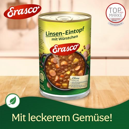 Erasco Linsen-Eintopf mit Würstchen (1 x 400g), In nur 5 Minuten fertig – Ausgewähltes Gemüse – Einfach köstlich - Ohne Schnickschnack
