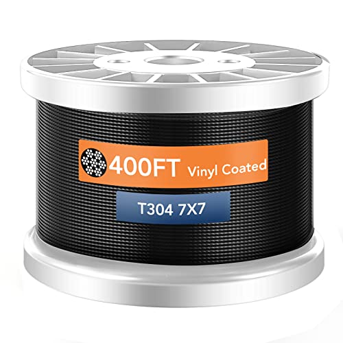 Wire Rope Vinyl Coated, Towallmark Cable Wire Rope 304 Stainless Steel Coated, 400 Feet, 7x7 Construction, 1/16 Inch Overmolded to 3/32 Inch for String Lights Hanging, DIY Balustrades Clothesline, etc