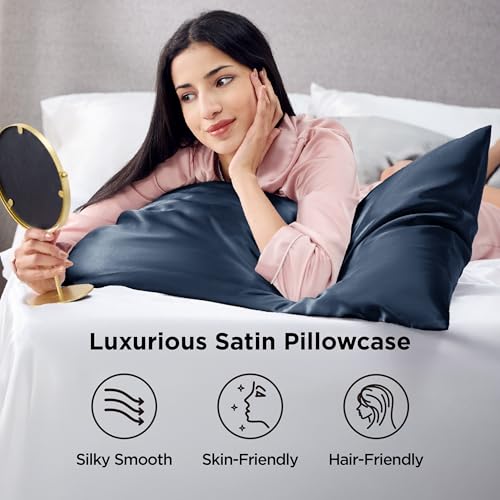 Image of Bedsure Satin Pillowcase 2 Pack Similar to Silk Pillow Cases Standard Size, Pillow Case for Sleeping Women with Envelope Closure, Gifts for Women Men, Blue, 20x26 Inches