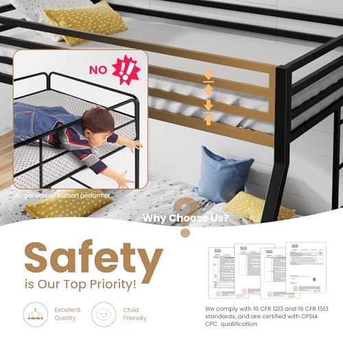 Image of SHA CERLIN Bunk Bed Twin Over Full Size with Ladder and Guardrail,Black | Heavy Duty,Metal Slats Support,No Box Spring Needed,Small Space Saving Furniture for Bedroom Dorm