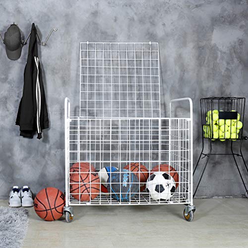 MyGift Professional Gym White Metal Multi Sports Ball Storage Cart with Jumbo Industrial Wheels, Commercial Grade Portable Equipment Locker Cage for Basketball, Football, Soccer, Volleyball - Thumbnail 4