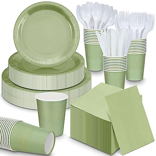 Dandat 400 Pcs Party Supplies for 50 Guests Sage Green Paper Plates and Napkins Disposable Sage Green Baby Shower Decorations for Wedding Birthday