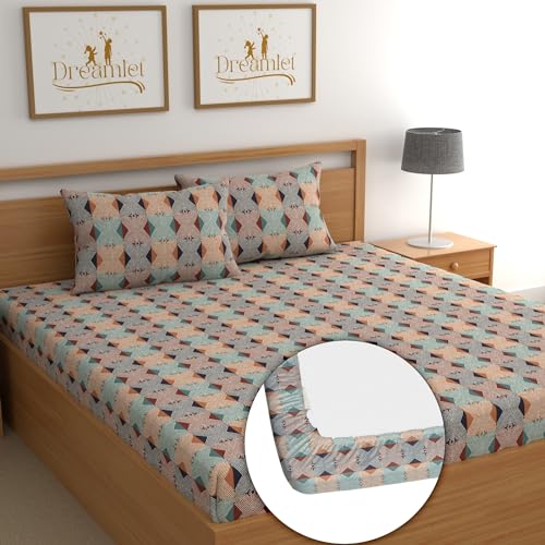 DREAMLET Premium Glace Cotton Elastic Fitted Bedsheets with 2 Full Size Pillow Covers Double Bedsheet with All Elastic Supersoft 160TC Size 90×100 inches (Orange Multi, Fitted)