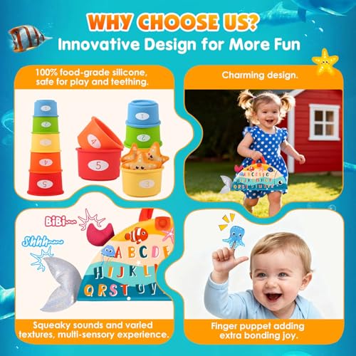 Image of FREYBLI Montessori Toys for 1 Year Old Boy Girl Birthday Gift - Cloth Toddler Fishing Game with Stacking Cups, Educational Toys for One Year Old, Sorting Learning Baby Toy 12-18 Months 1-2 Year Old