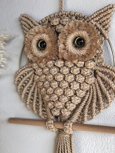 Image of tms Bohemian Owl Macrame Wall Hanging - 12 x 23 Inch - Handcrafted Boho Home Decor with Natural Elements - Boho Chic Accent for Home, Office, or Living Room (Beige)