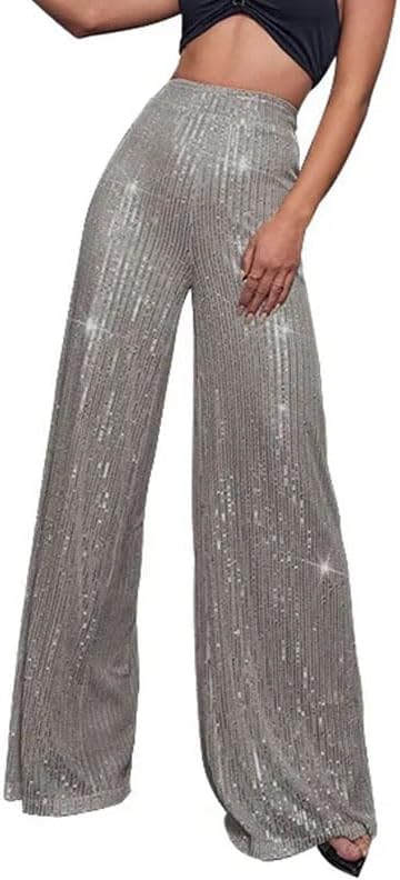 Women's High Waist Sequin Pants Sparkle Flared Trousers with Wide Leg Bell Bottoms for Club & Party Wear