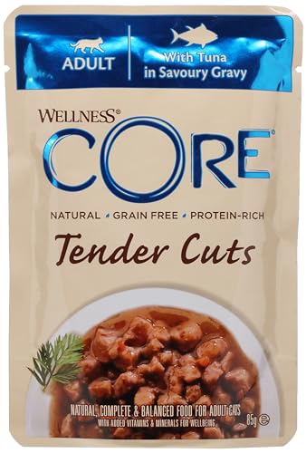Wellness Core, Comida húmeda para Gatos con atún, Rica en proteínas, sin aditivos, Formato práctico de 0,085 kg, Ideal para hidratación y Bienestar, Natural