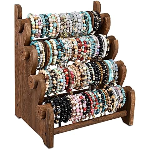 Ikee Design Antique Wooden 4 Tier Jewelry Bracelet Display Stand Bangle Scrunchie Organizer Holder for Store, Showcase and Home Storage, 12 W x 9 D x 14 H in, Brown Color Cover
